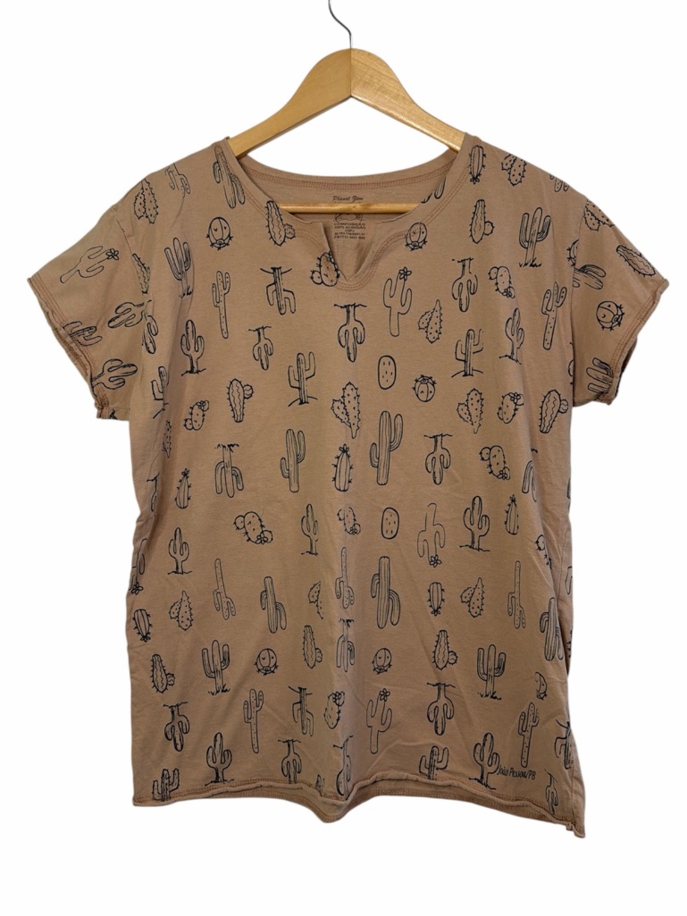 Planet Gem Cactus Print T-Shirt Tan Cotton XL Relaxed Fit